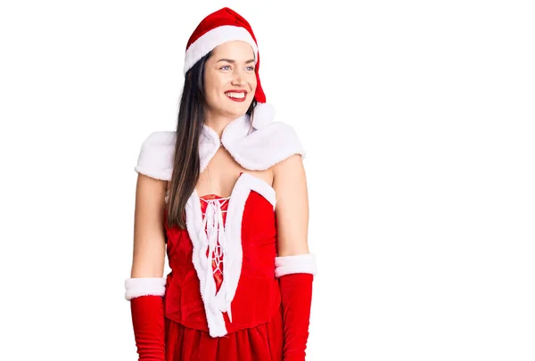 Jovem Bela Mulher Caucasiana Vestindo Traje Papai Noel Olhando Para — Fotografia de Stock