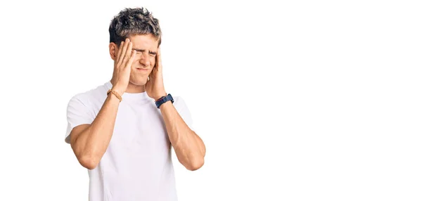 Young Handsome Man Wearing Casual White Tshirt Hand Head Headache — Stock Photo, Image