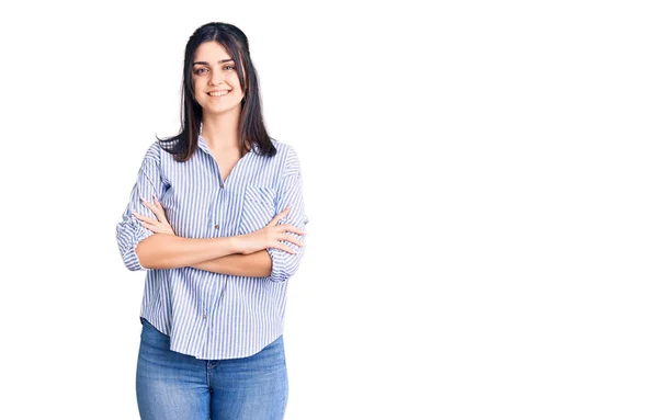 Joven Chica Hermosa Con Camisa Rayas Cara Feliz Sonriendo Con — Foto de Stock