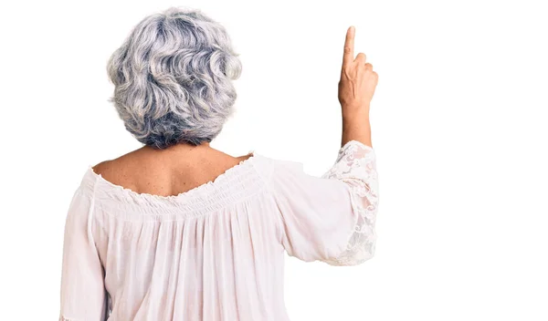 Senior Woman Gray Hair Wearing Bohemian Style Posing Backwards Pointing — Stock Photo, Image