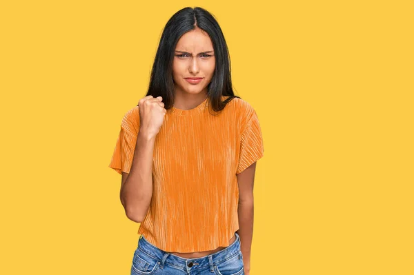 Young Brunette Arab Woman Wearing Casual Clothes Angry Mad Raising — Stock Photo, Image