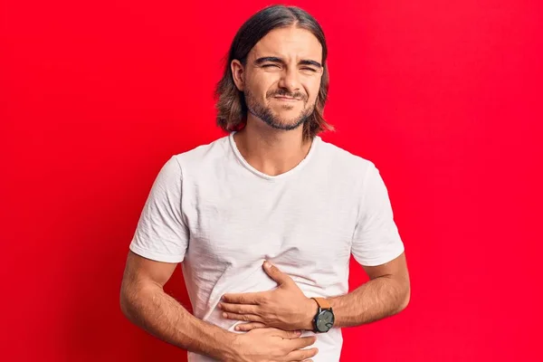 Homem Bonito Jovem Vestindo Roupas Casuais Com Mão Estômago Porque — Fotografia de Stock