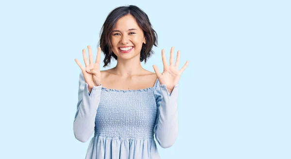 Young Beautiful Girl Wearing Casual Clothes Showing Pointing Fingers Number — Stock Photo, Image