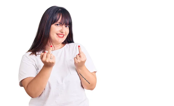 Young Size Woman Wearing Casual Clothes Showing Middle Finger Doing — Foto de Stock