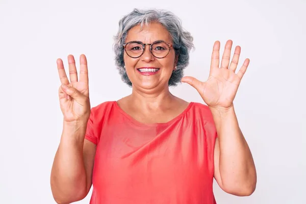 Senior Hispanic Grey Haired Woman Wearing Casual Clothes Glasses Showing — Stock Photo, Image