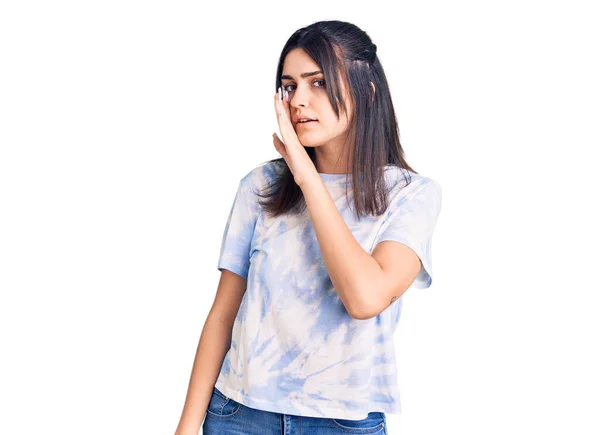 Young Beautiful Girl Wearing Casual Shirt Hand Mouth Telling Secret — Stock Photo, Image