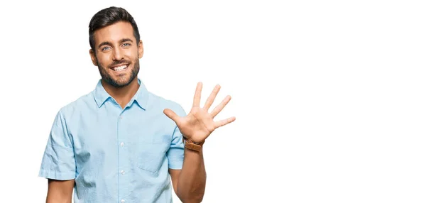 Handsome Hispanic Man Wearing Casual Clothes Showing Pointing Fingers Number — Stock Photo, Image