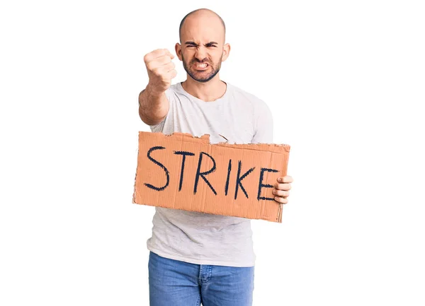 Young Handsome Man Holding Strike Banner Annoyed Frustrated Shouting Anger — Stock Photo, Image