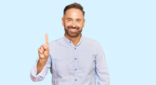 Handsome Middle Age Man Wearing Business Shirt Showing Pointing Finger — Stock Photo, Image