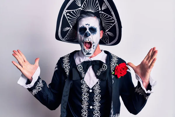 Young Man Wearing Mexican Day Dead Costume White Celebrating Mad — Stock Photo, Image