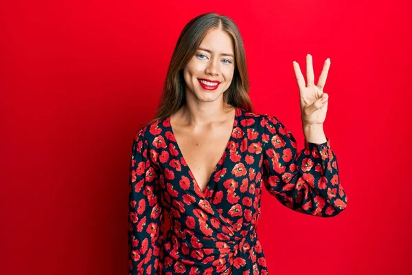 Beautiful Young Blonde Woman Wearing Elegant Dress Showing Pointing Fingers — Stock Photo, Image