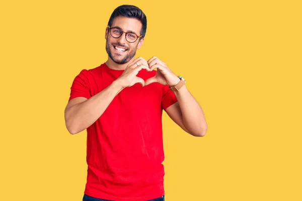 Young Hispanic Man Wearing Casual Clothes Glasses Smiling Love Showing — Stock Photo, Image