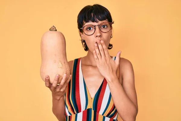 Beautiful Brunettte Woman Holding Healthy Fresh Pumpkin Covering Mouth Hand — Stock Photo, Image