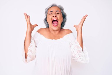 Üst düzey Latin kökenli gri saçlı kadın, çılgın ve çılgın başarısını kutluyor. Kolları havada ve gözleri kapalı, heyecanlı bir şekilde bağırıyor. Kazanan konsept 