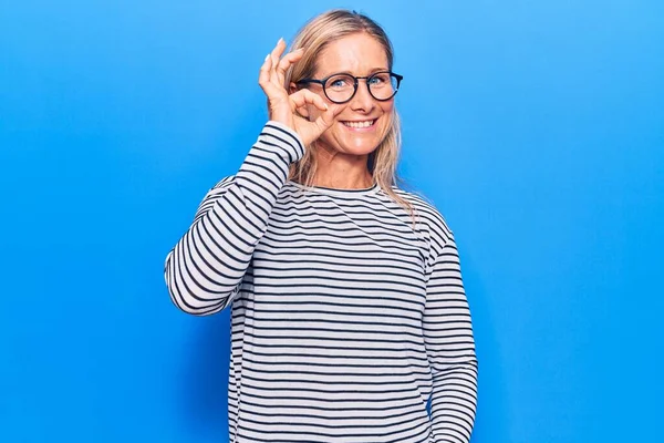 Middle Age Caucasian Blonde Woman Wearing Casual Striped Sweater Glasses — Stock Photo, Image