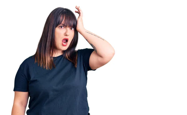 Young Size Woman Wearing Casual Clothes Surprised Hand Head Mistake — Stock Photo, Image