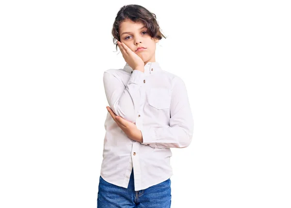 Cute Hispanic Child Wearing Casual Clothes Thinking Looking Tired Bored — Stock Photo, Image