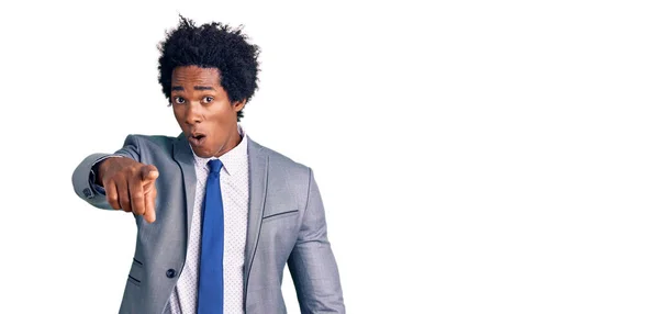 Handsome African American Man Afro Hair Wearing Business Jacket Pointing — Stock Photo, Image