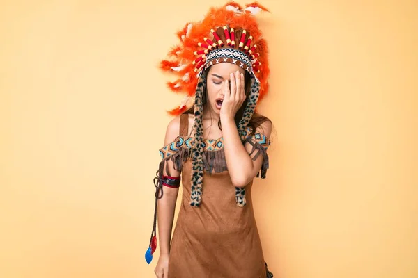 Young Beautiful Latin Girl Wearing Indian Costume Yawning Tired Covering — Stock Photo, Image