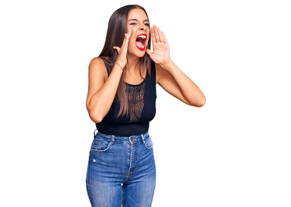 Young Hispanic Woman Wearing Casual Clothes Shouting Angry Out Loud — Stock Photo, Image