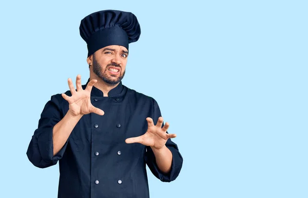 Young Hispanic Man Wearing Cooker Uniform Disgusted Expression Displeased Fearful — Stock Photo, Image