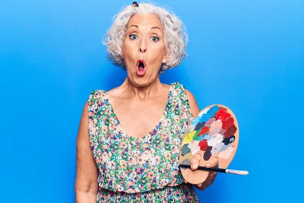 Senior Mujer Pelo Gris Sosteniendo Pincel Paleta Asustada Sorprendida Con —  Fotos de Stock