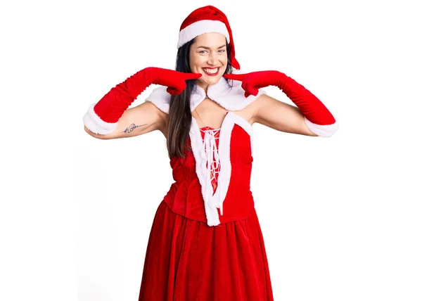 Joven Hermosa Mujer Caucásica Con Traje Santa Claus Sonriendo Alegre —  Fotos de Stock