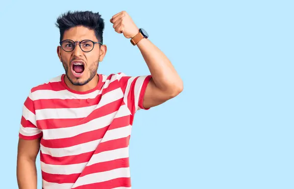 Handsome Latin American Young Man Wearing Casual Clothes Glasses Angry — Stock Photo, Image