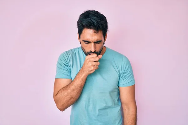 Handsome Hispanic Man Beard Wearing Casual Clothes Feeling Unwell Coughing — Stock Photo, Image