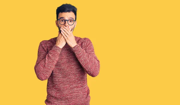 Young Handsome Hispanic Man Wearing Winter Sweater Glasses Shocked Covering — Stock Photo, Image