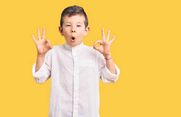 Cute Blond Kid Wearing Elegant Shirt Looking Surprised Shocked Doing — Stock Photo, Image