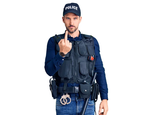 Young Handsome Man Wearing Police Uniform Showing Middle Finger Impolite — Stok fotoğraf