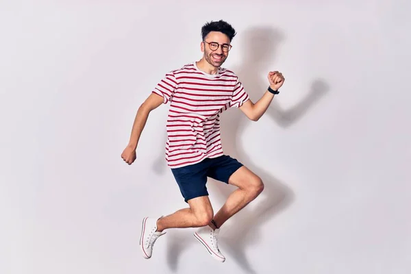 Young Handsome Man Wearing Casual Clothes Glasses Smiling Happy Jumping — Stock Photo, Image