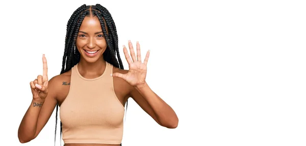 Beautiful Hispanic Woman Wearing Casual Clothes Showing Pointing Fingers Number — Stock Photo, Image