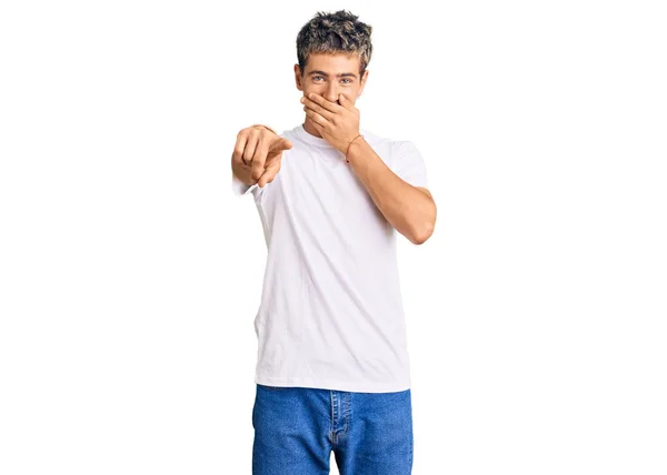 Young Handsome Man Wearing Casual White Tshirt Laughing You Pointing — Stock Photo, Image