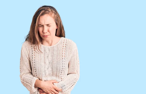 Junge Schöne Blonde Frau Lässigem Pullover Mit Der Hand Auf — Stockfoto