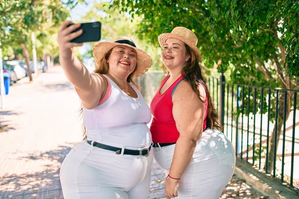 二つのプラスサイズ太りすぎ姉妹双子女性笑顔取ります自画撮り写真とともにザ携帯電話屋外でA晴れた日 — ストック写真