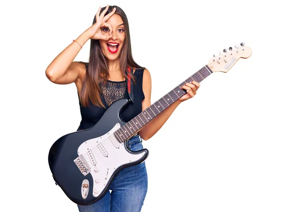 Young Hispanic Woman Playing Electric Guitar Smiling Happy Doing Sign — Stock Photo, Image