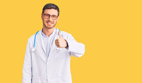 Handsome Young Man Bear Wearing Doctor Uniform Doing Happy Thumbs — Stock Photo, Image