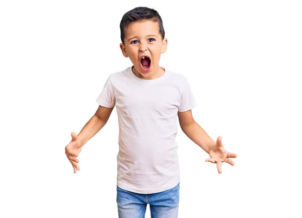 Kleine Schattige Jongen Draagt Casual Witte Tshirt Gek Gek Schreeuwen — Stockfoto