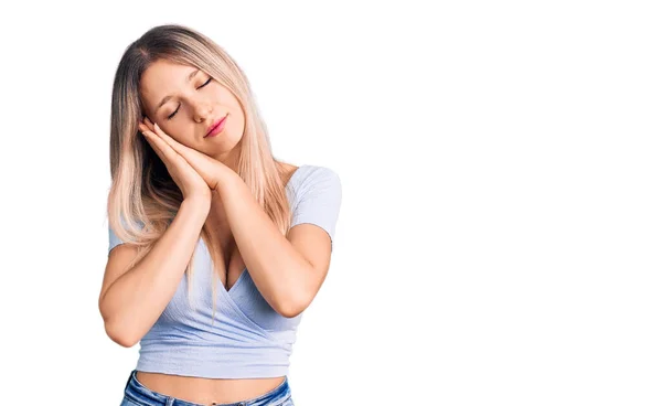 Young Beautiful Blonde Woman Wearing Casual Clothes Sleeping Tired Dreaming — Stock Photo, Image