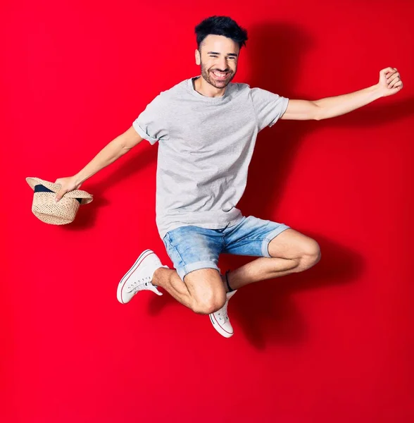 Young Handsome Hispanic Man Wearing Casual Clothes Smiling Happy Jumping — Stock Photo, Image