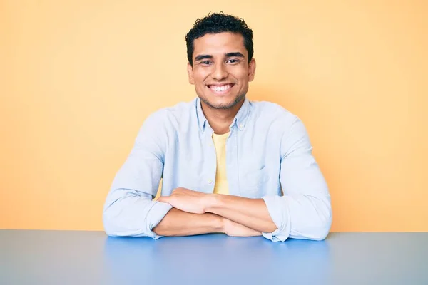 Young Handsome Hispanic Man Wearing Casual Clothes Sitting Table Happy — Stock Photo, Image