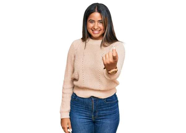 Young Latin Girl Wearing Wool Winter Sweater Beckoning Come Here — Stock Photo, Image