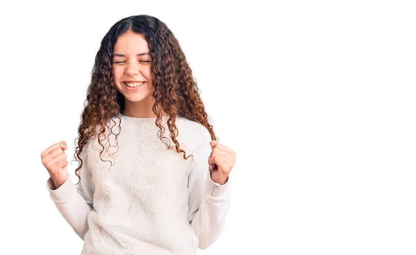 Beautiful Kid Girl Curly Hair Wearing Casual Clothes Excited Success — Stock Photo, Image