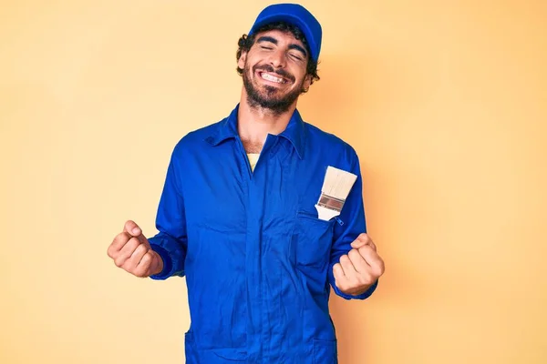 Handsome Young Man Curly Hair Bear Wearing Builder Jumpsuit Uniform — Stock Photo, Image