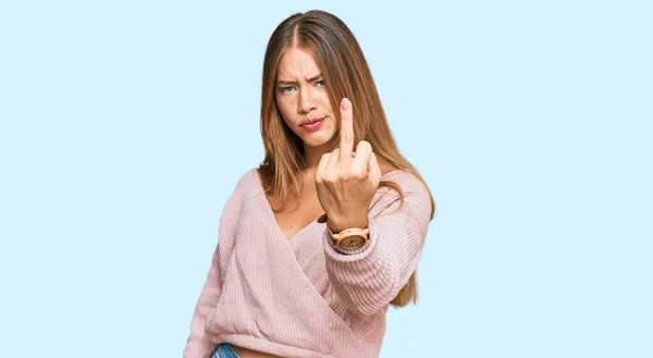 Beautiful Blonde Woman Wearing Casual Winter Pink Sweater Showing Middle —  Fotos de Stock