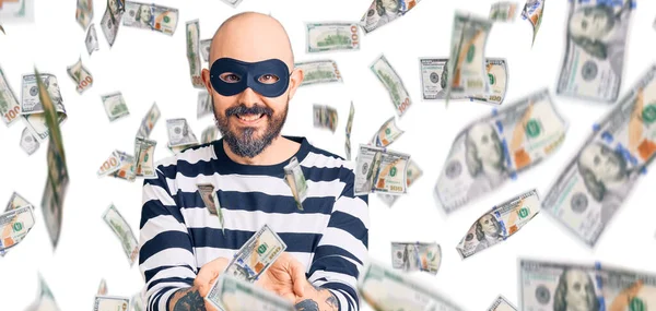 Young Handsome Man Wearing Burglar Mask Smiling Hands Palms Together — Stock Photo, Image