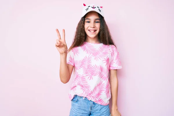 Cute Hispanic Child Girl Wearing Casual Clothes Funny Kitty Cap — Stock Photo, Image