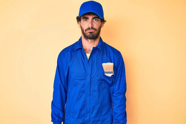 Handsome Young Man Curly Hair Bear Wearing Builder Jumpsuit Uniform — Stock Photo, Image